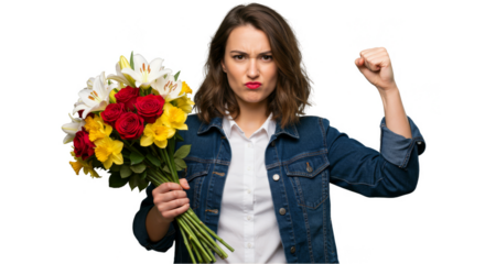 Angry Woman Holding Flower Bouquet with Raised Fist on Transparent Background