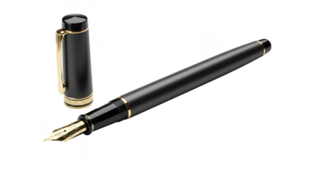 Isolated Black Fountain Pen with Gold Nib on Transparent Background