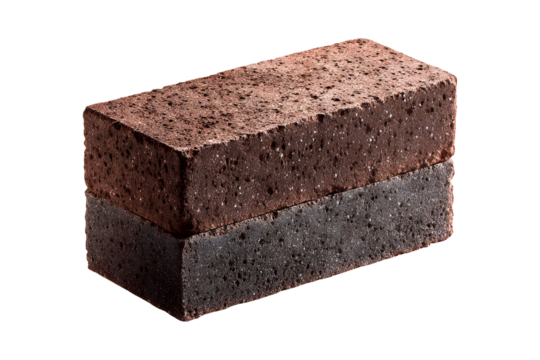 Close-up of dark brown brick with rough texture on black reflective surface