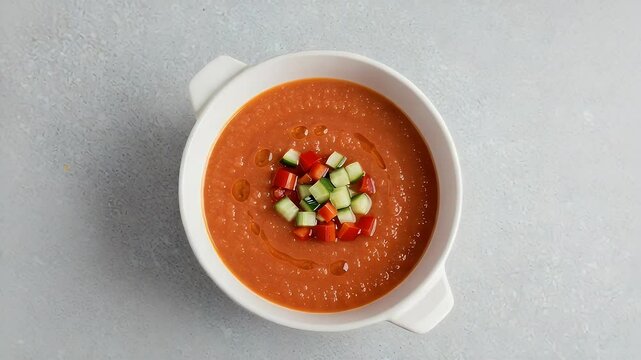 Cold tomato soup with vegetables top view