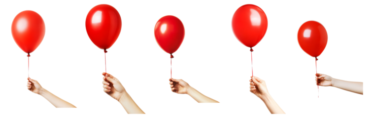 Hands Holding Bright Red Balloons in Various Positions and Angles, Isolated on Transparent, white background