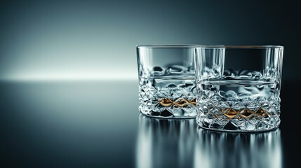 Crystal Glasses of Refreshing Water on a Reflective Surface