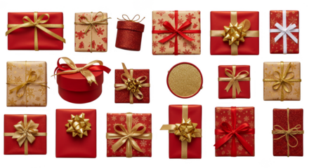 Isolated Christmas Gift Boxes Wrapped in Red and Gold on Transparent