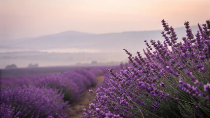 Fototapeta premium Stunning purple lavender field in bloom with a serene misty mountain background at sunset