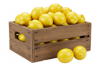 Illustration Heap of Yellow Lemons in a Wooden Box on Transparent Background