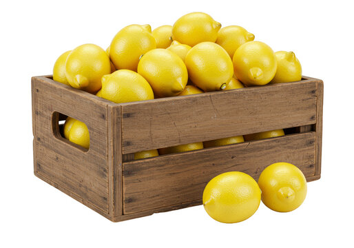 Illustration Heap of Yellow Lemons in a Wooden Box on Transparent Background