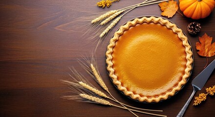 A heartwarming autumnal Thanksgiving flatlay featuring a delicious pie, complemented by rustic wheat sprigs, celebrating harvest.