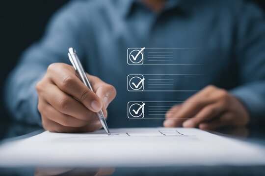 Businessman is using a pen and checking boxes of a survey form on virtual screen with a checklist, filling online evaluation form or checklist