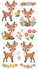 Cute Deer With Flowers Illustration On Transparent Background Isolated