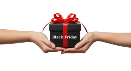 Isolated Black Friday Gift Box Being Held by Hands in Transparent BG