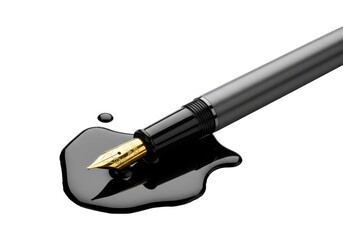 Isolated Fountain Pen with Dripping Black Ink on Black Background PNG