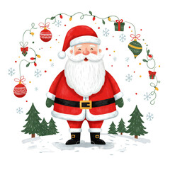Illustration of Cheerful Santa Claus with Christmas Trees and Decoration