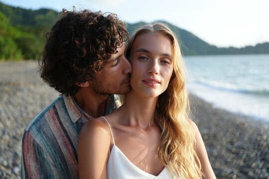 Couple embracing on a rocky beach with the man gently kissing the woman's cheek and calm ocean waves in the background during daytime