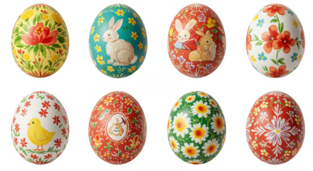 Decorative Easter Eggs with Rabbits Chicks and Floral Patterns PNG