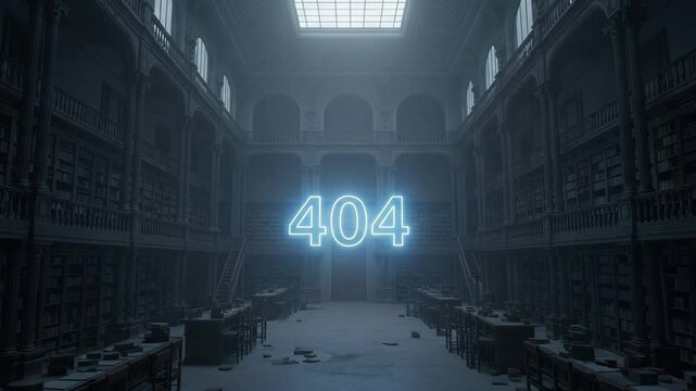 Dusty, empty space lined with towering bookshelves contrasts with digital error hovering mid-air, symbolizing lost knowledge and disconnection
