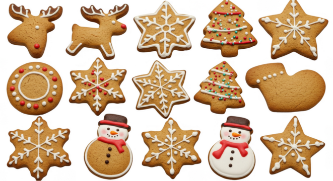 Isolated Gingerbread Cookies with Festive Holiday Decorations and Transparent Background