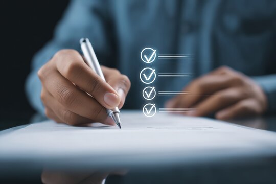 Businessman using pen, completing checklist on document, highlighting quality control and service excellence through digitalization