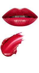 Isolated Glossy Red Lips And Lipstick Smear On Transparent Background