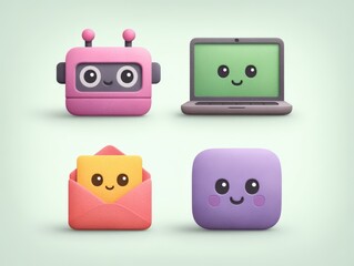 Cute digital characters including a smiling robot laptop happy envelope and joyful square all illustrated with soft colors evoking a playful and cheerful ambiance of modern technology