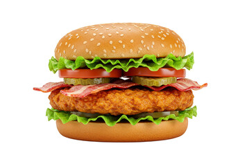 Isolated Burger with Crispy Bacon Tomatoes Lettuce and Pickles on Transparent