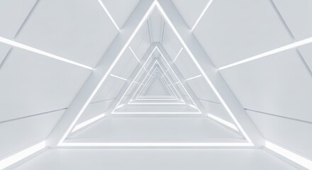 A sleek 3D rendering of an empty, long, and brightly lit corridor, designed as a futuristic sci-fi triangle tunnel with a modern white background.