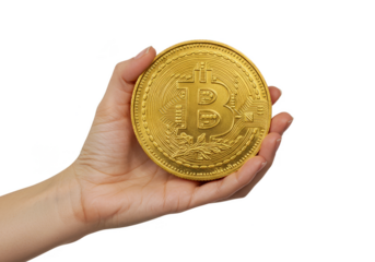 Digital Currency Gold Bitcoin in Hand with Transparent Background