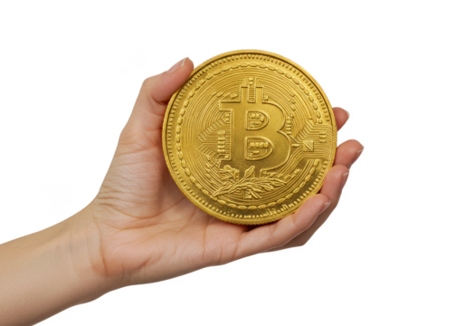 Digital Currency Gold Bitcoin in Hand with Transparent Background