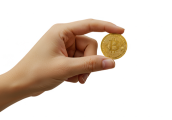 Illustration of Golden Cryptocurrency Coin Held in Hand on Transparent