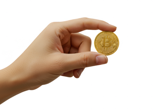 Illustration of Golden Cryptocurrency Coin Held in Hand on Transparent