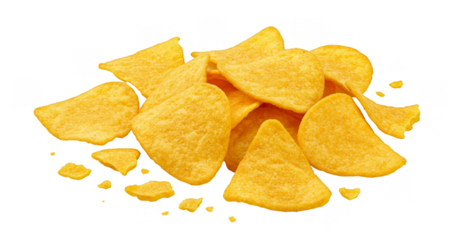 Isolated Close Up Pile of Triangle Corn Chips Snack with Transparent Background