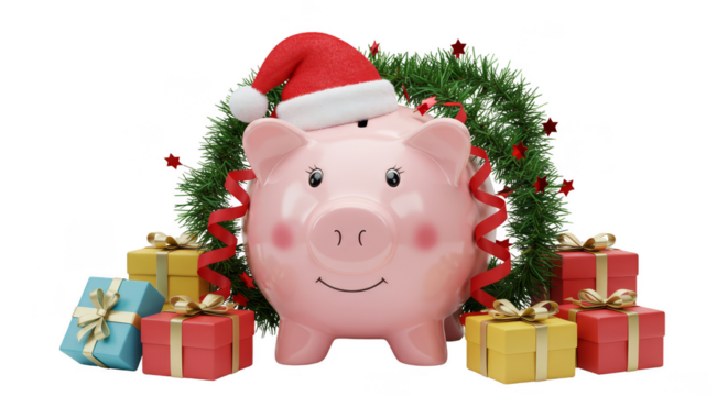 Festive Piggy Bank in Santa Hat with Gifts and Wreath Isolated 3D