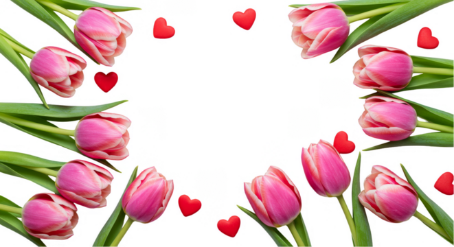 Floral Arrangement Pink Tulips and Red Hearts on Transparent Background - Powered by Adobe