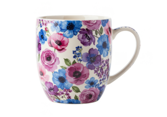 Isolated Illustration Floral Patterned Mug Coffee Cup with Handle on Transparent Background