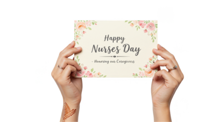 Illustration of Hands Holding Happy Nurses Day Card with Floral Design
