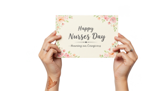 Illustration of Hands Holding Happy Nurses Day Card with Floral Design - Powered by Adobe