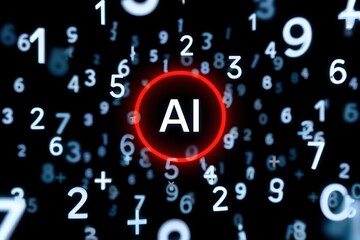 Glowing red circle highlighting AI amidst floating white numbers on a dark background symbolizing artificial intelligence and data processing
