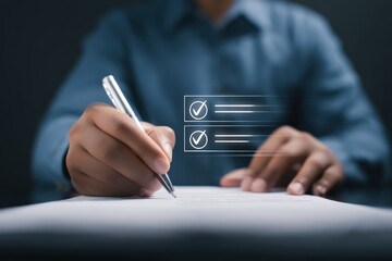 Businessman completing online survey form by ticking checkbox on virtual screen, innovative technology for efficient data collection