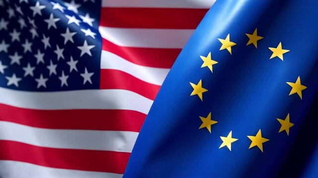 The flags representing the United States of America and the European Union flutter side-by-side symbolizing their diplomatic relations.