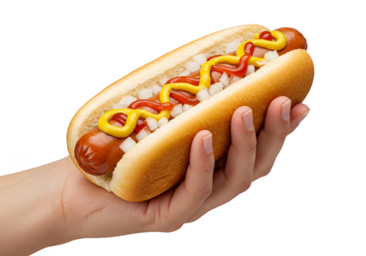 Isolated Image of Hand Holding Hotdog with Ketchup Mustard and Onion - Powered by Adobe