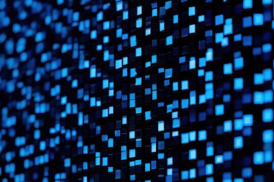 Abstract pattern of glowing blue squares arranged in a grid on a dark background, creating a digital and futuristic atmosphere
