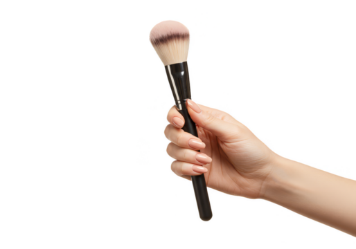 Isolated Image of Woman Hand Holding Makeup Brush on Transparent Background