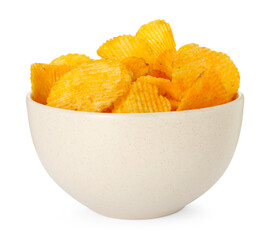 Tasty ridged chips in bowl isolated on white