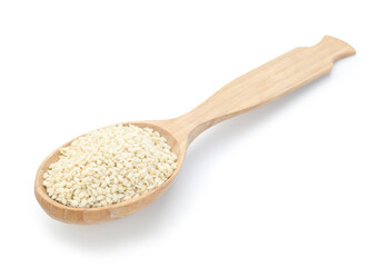 Sesame seeds in wooden spoon isolated on white