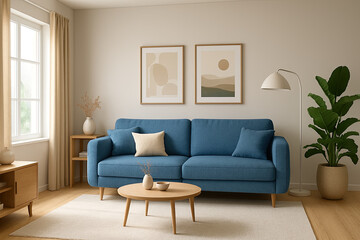 A stylish 3D rendering of a modern living room interior, prominently featuring a contemporary blue sofa.