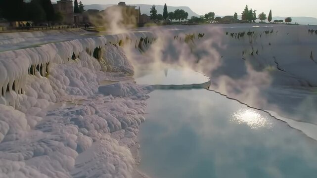 rone cinematic of Pamukkale, Turkey, at golden hour