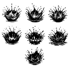 Splash silhouette with droplets. Water drops shapes, liquid burst splashes and ink blot hand drawn vector set of silhouette droplet