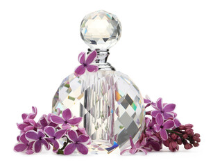 Bottle of luxury perfume and lilac flowers isolated on white