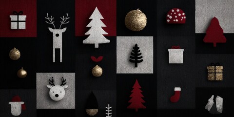 Close-up black and white photo of Christmas ornaments and festive decorations with detailed textures.