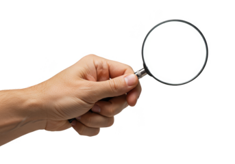 Hand Holding Magnifying Glass on Transparent Background for Inspection