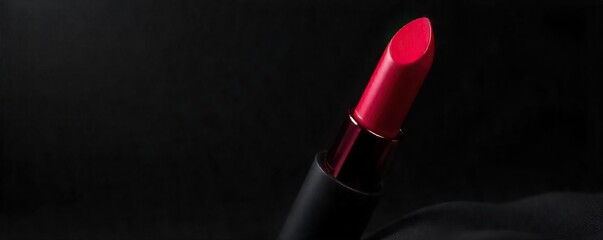 Fototapeta premium Close-up shot of a luxurious, shiny, red lipstick tube against a sleek, black background Perfect for advertising beauty products or cosmetics High-end, glamorous feel , advertisement, vibrant